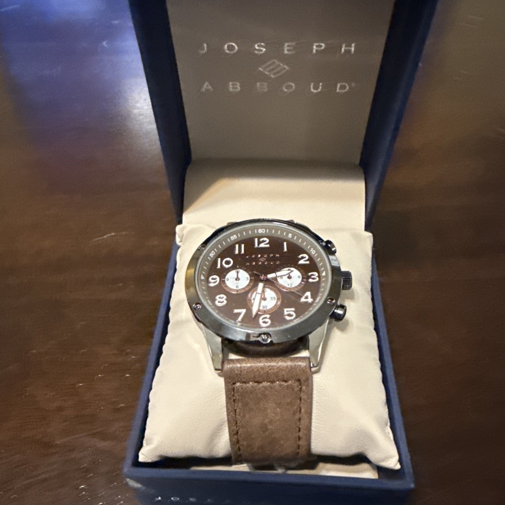 Joseph Abboud Mens Strap Watch Stainless Steel Leather Band Brown Dial NEW
